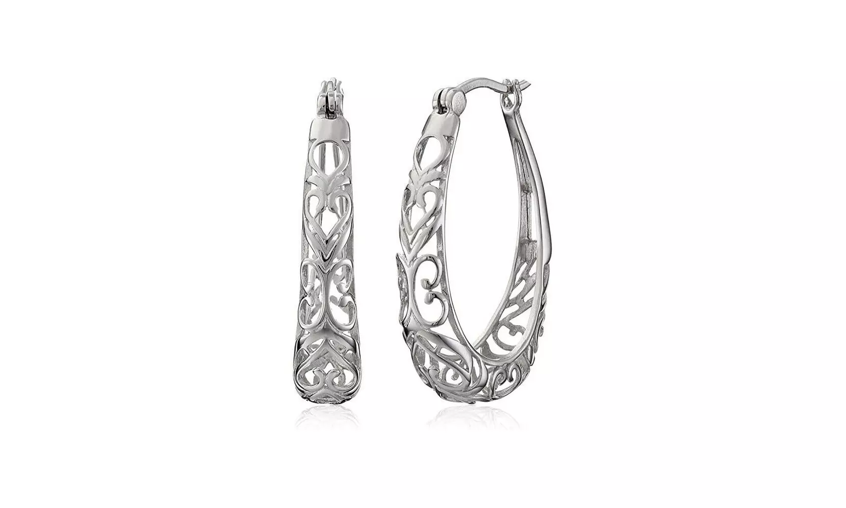 Italian Made 925 Sterling Silver Oval Filigree Hoop Earrings