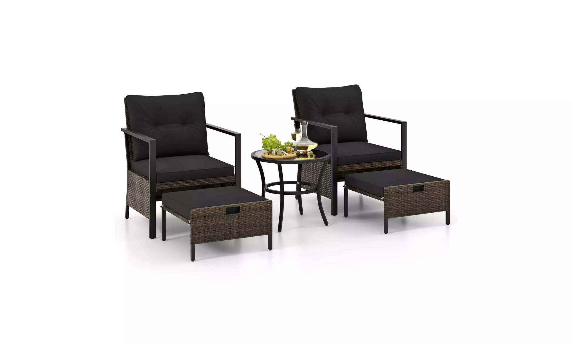 Costway 5 PCS Outdoor Furniture Set Rattan Chairs & Ottomans with Coffee Table