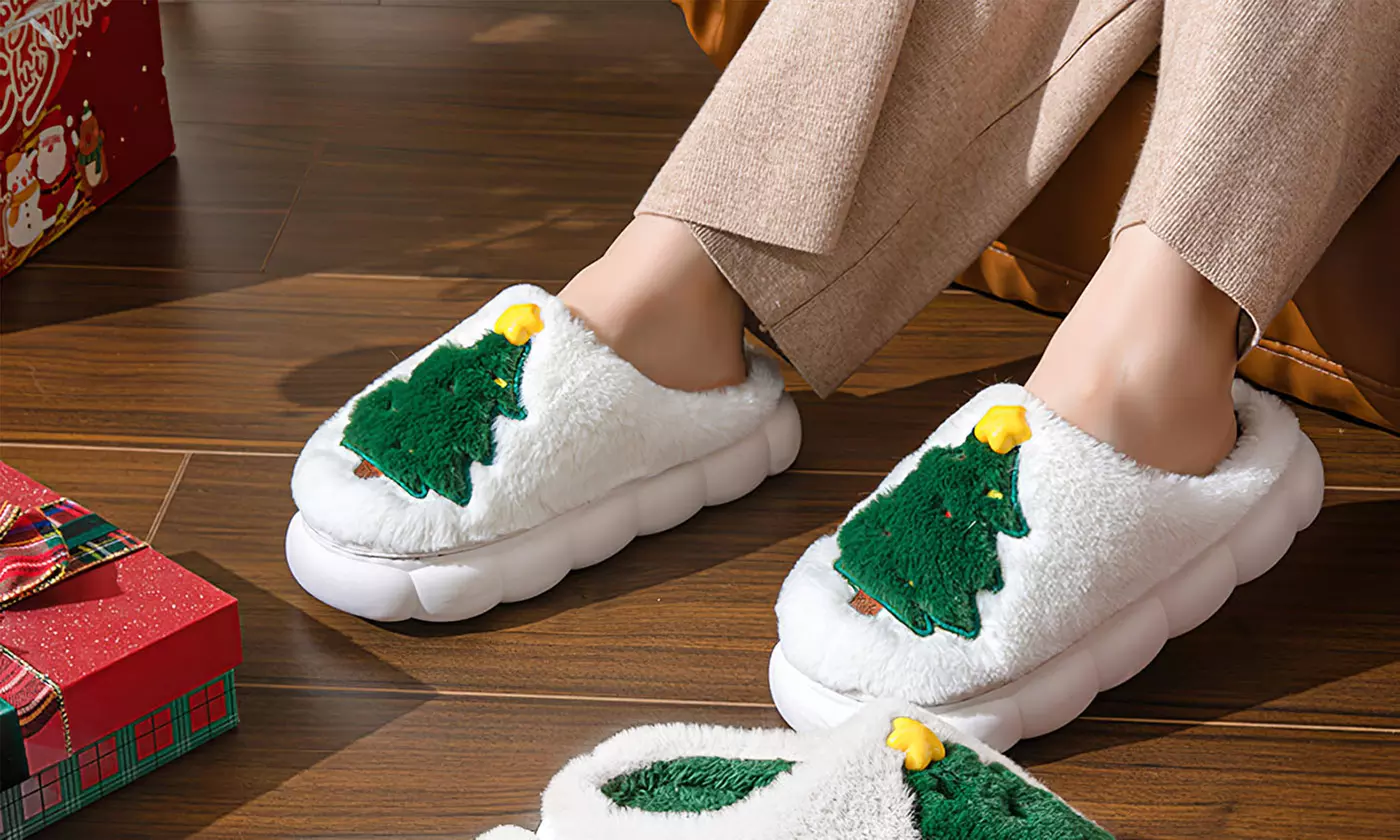 Cozy Christmas Tree Slippers Festive Plush House Shoes with Non-Slip Sole