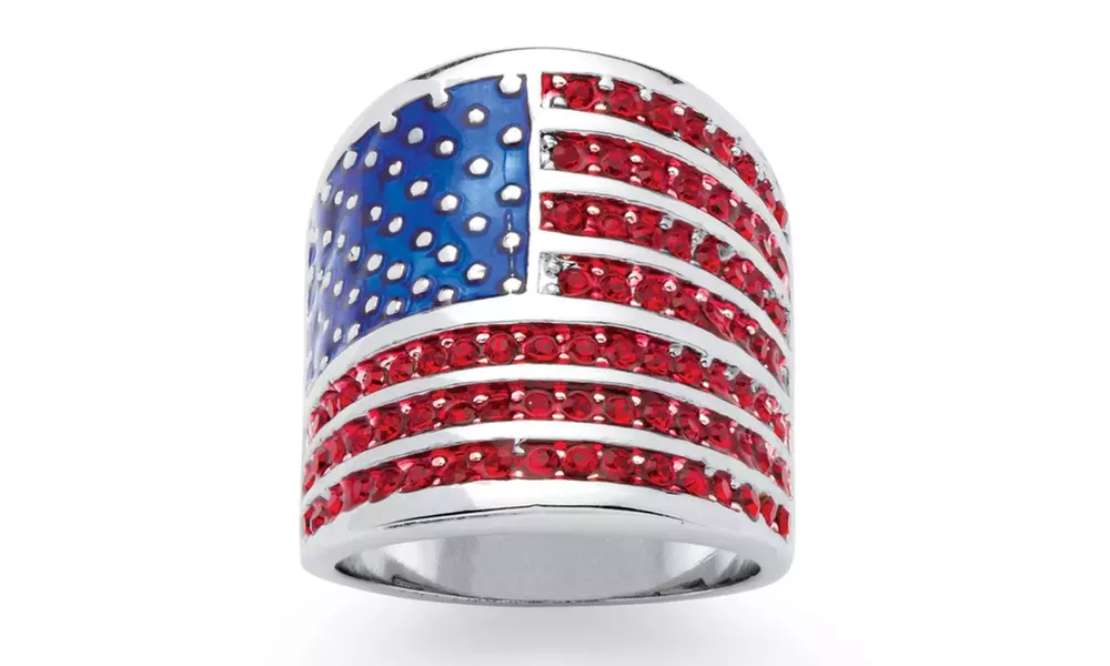 Round Red Crystal Silvertone Patriotic American Flag Ring - Primary Image