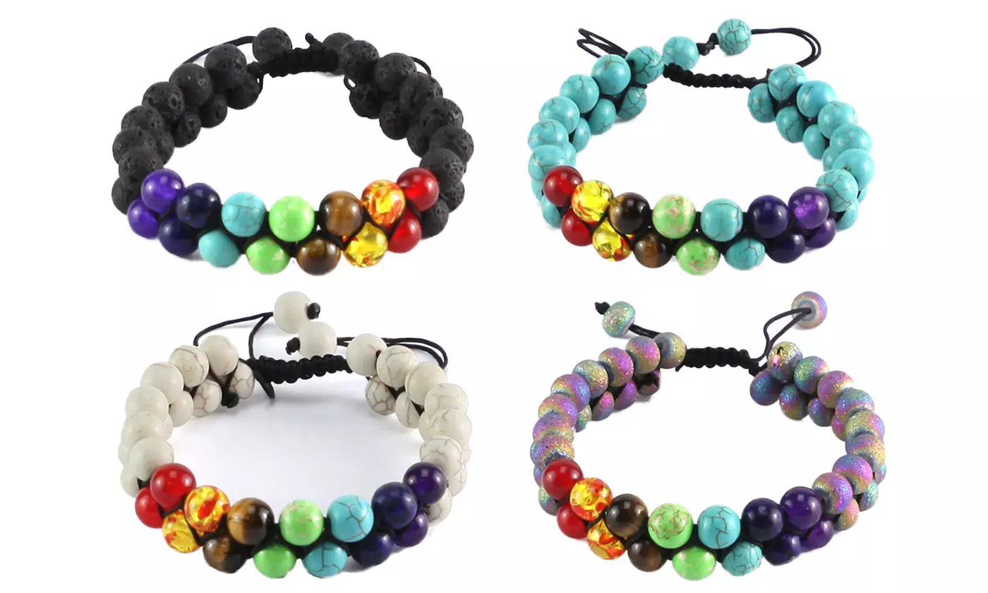 7 Chakra Healing Bracelet Handmade Volcanic Lava Stone Mala Meditation Beads - Primary Image