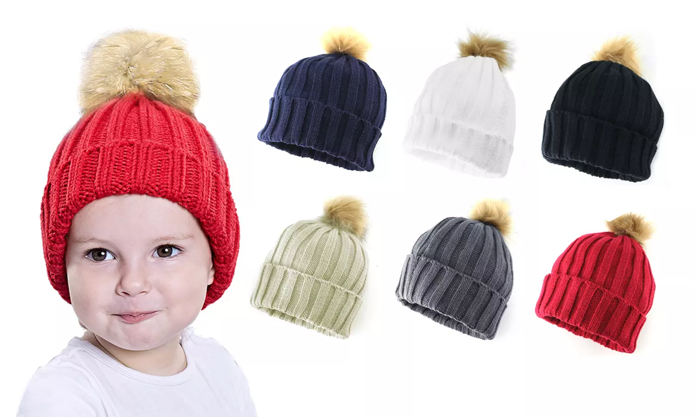 Warm Winter Kids Knitted Skull Cap Faux Fur Pom Beanie
