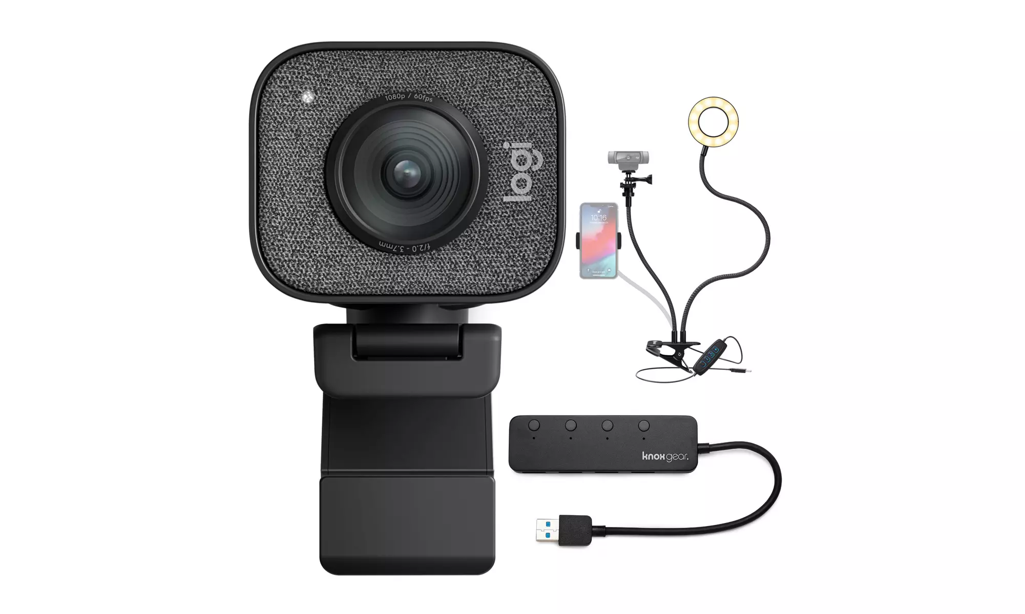 Logitech StreamCam Plus Webcam with Tripod, USB Hub, and Ring Light - Primary Image