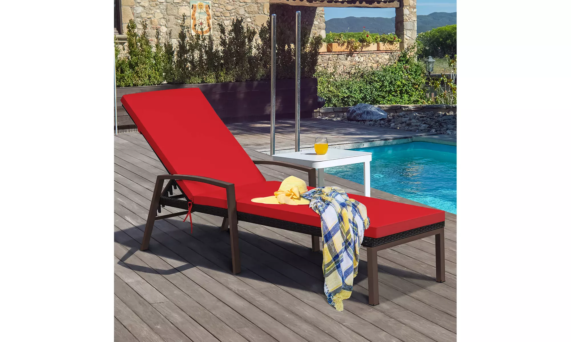 Costway 2PCS Patio Rattan Lounge Chair Chaise Recliner Back Adjustable Cushion