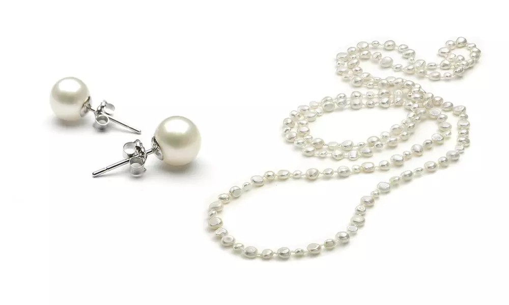 36" White Freshwater Pearl Endless Necklace and Earring Set