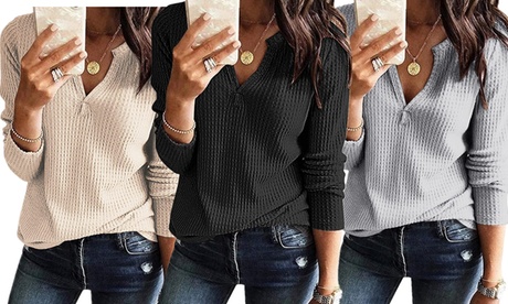 Long Sleeve Or Tank Top Waffle Knit Tunic Henley Tops: Black Tank / 2X