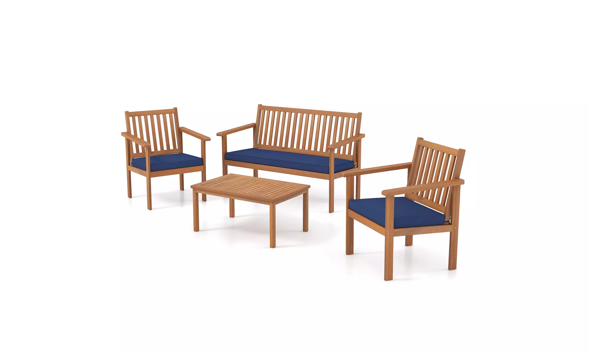 Costway 4 PCS Patio Wood Furniture Set with Loveseat, 2 Chairs & Coffee Table