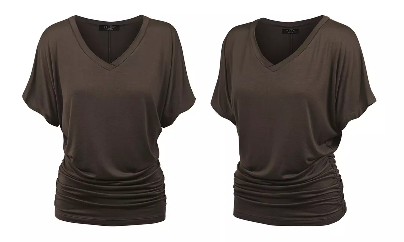 Made by Johnny Womens Solid Short Sleeve V-Neck Dolman Top with Side Shirring
