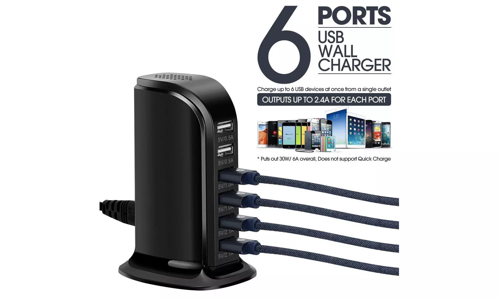 Multi 6 USB Port Desktop Charger Rapid Tower Charging Station Power Adapter 30W - Primary Image