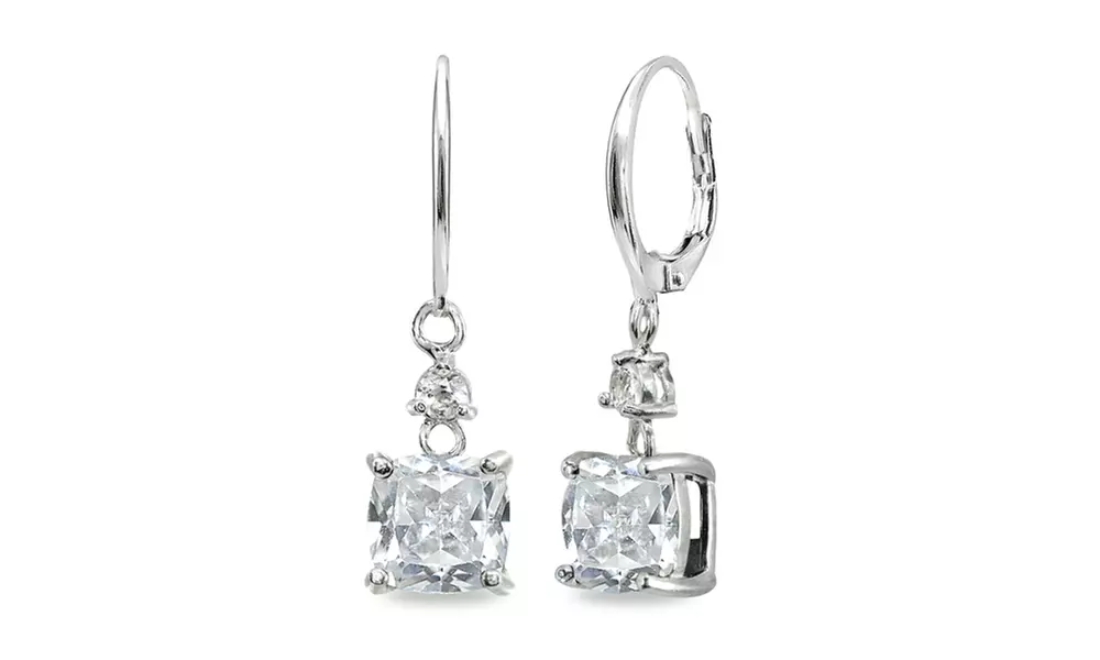 7mm Cushion-cut Cubic Zirconia Sterling Silver Dangle Leverback Earrings