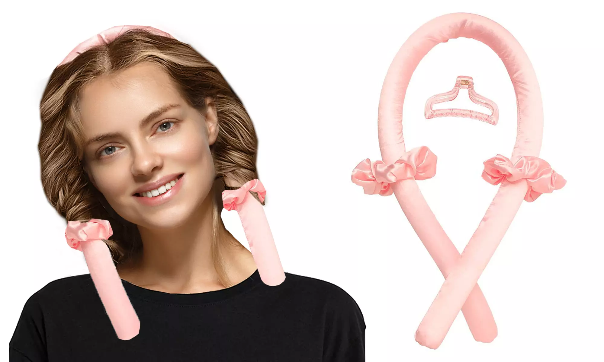 Heatless Curling Rod Headband No Heat Silky Ribbon Rod Roller Curls & Clip