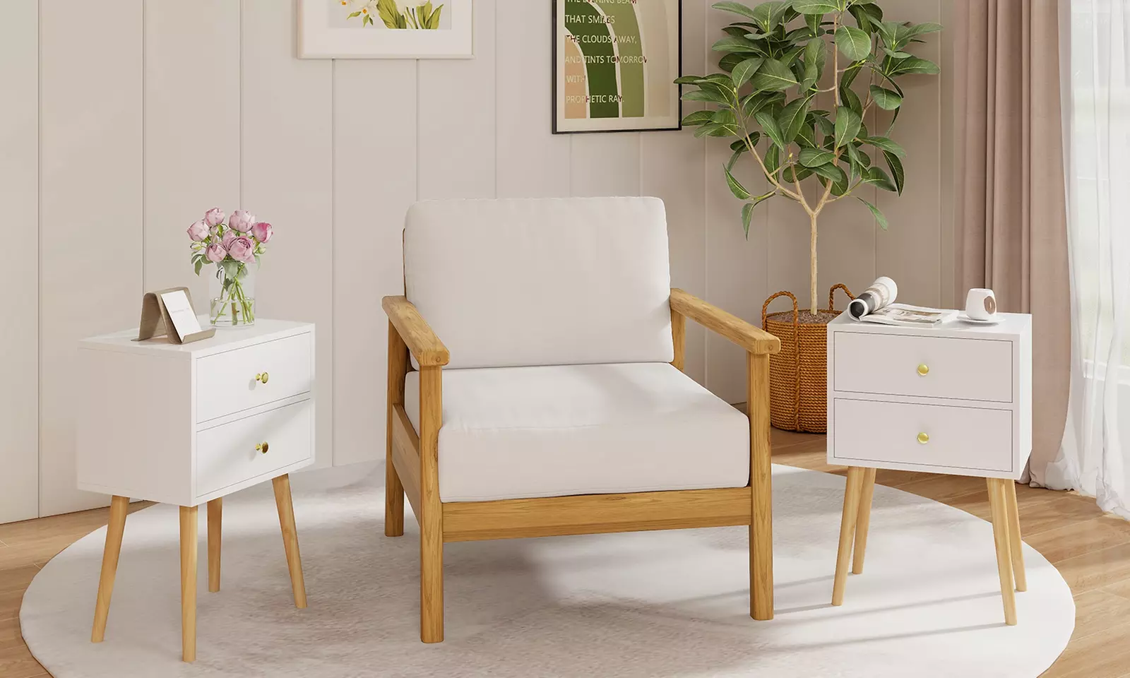 2PC Mid Century Modern 2 Drawers Nightstand In White Sofa Side Table End Table