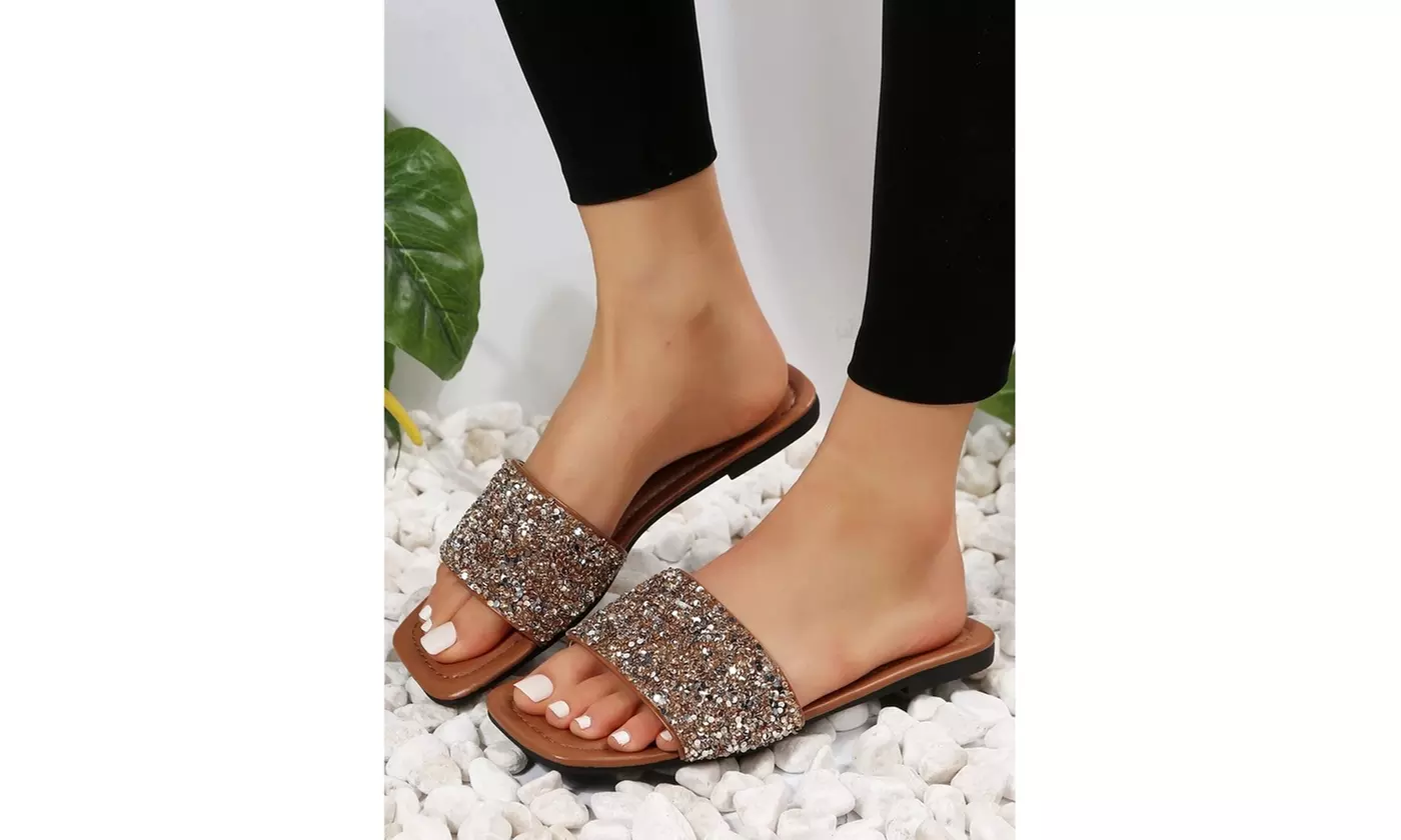Women's Sparkly Flat Open Toe Slides 
