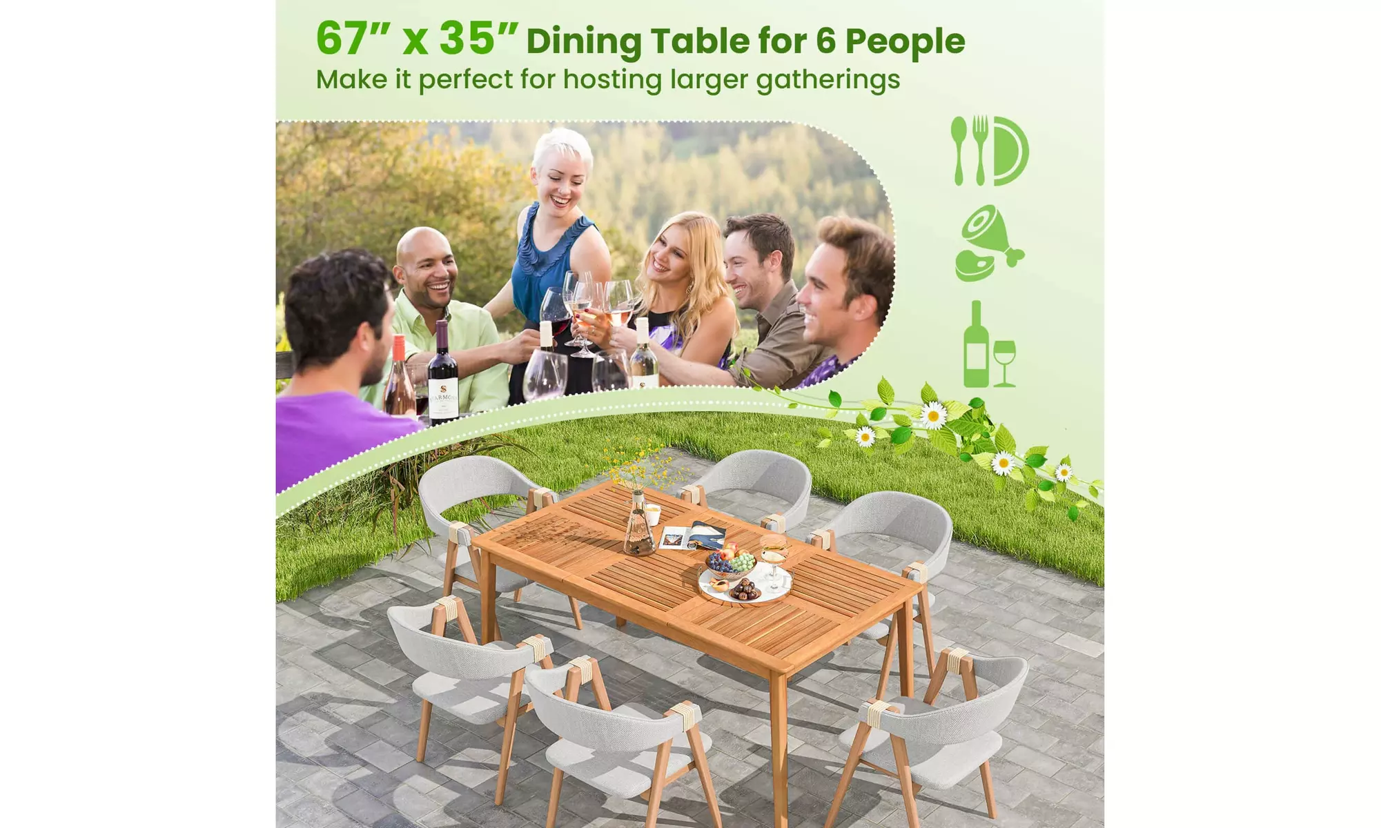 Costway 6/8-Person Outdoor Acacia Wood Dining Table with 1.96" Umbrella Hole