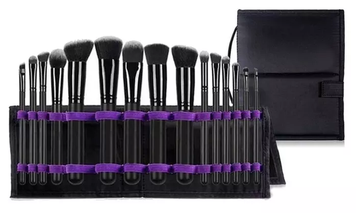 Professional Makeup Brushes Set with Foldable Organizer Pouch - 16 Piece  - Second Medium