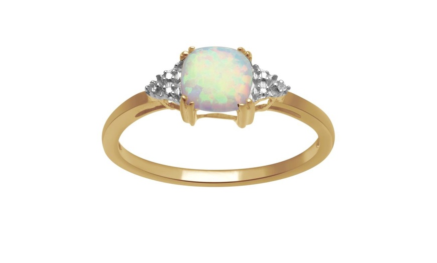 Image 1: Jewelili 10K Yellow Gold Created Opal Cushion with Diamond Accent Ring, Size 6