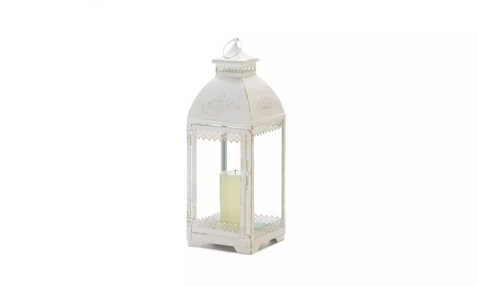 Large Distressed White Lacy Accent Square Candle Lantern Centerpiece 19" tall - Second Medium