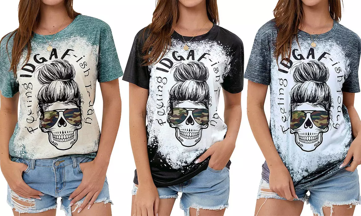 Clearance Womens Feeling Idgaf-ish Today T Shirt Skull Graphic Tees Tops - Primary Image