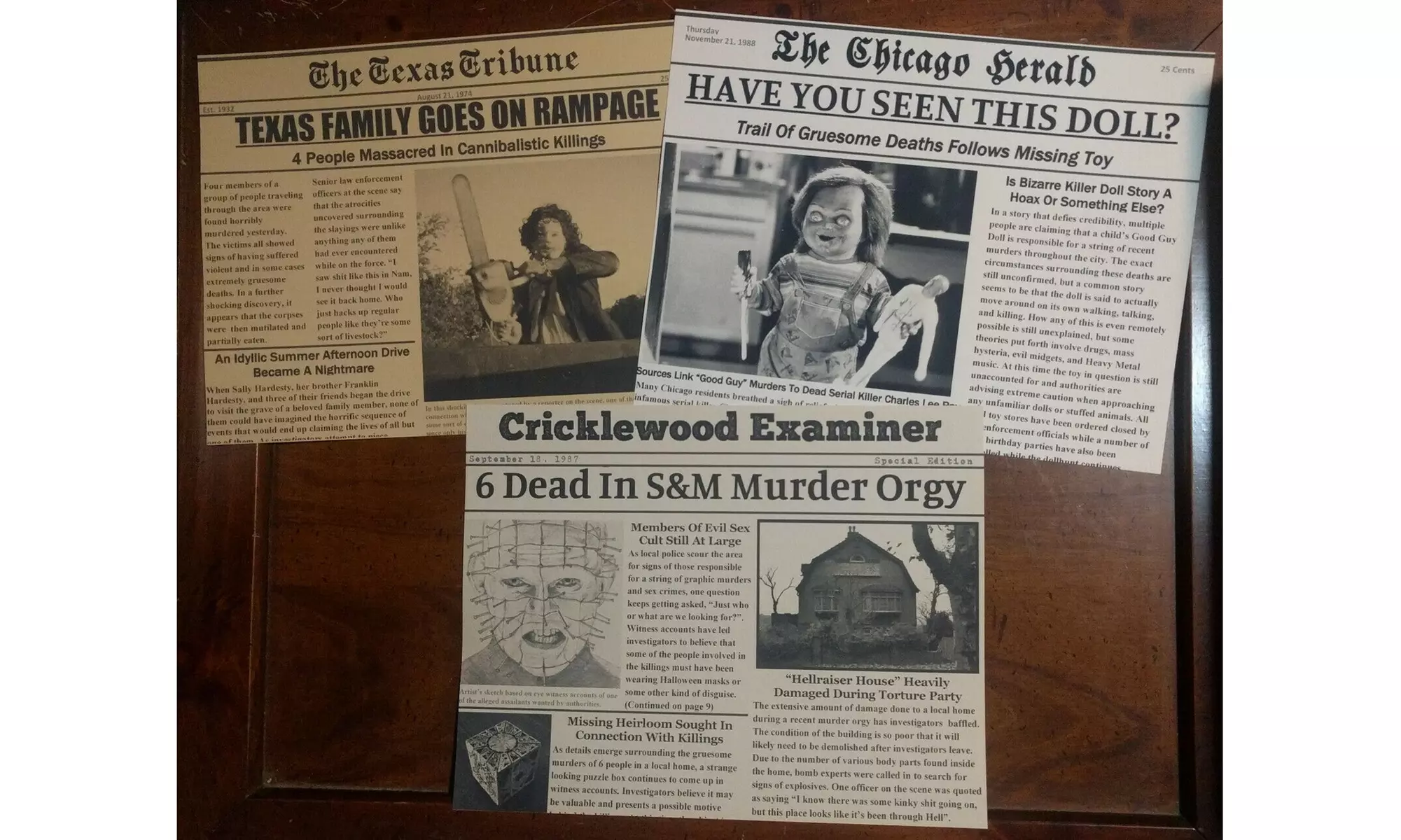 Horror Movie Newspaper Halloween Prop 3-Pk, Texas Chainsaw, Chucky, Hellraiser - Primary Image