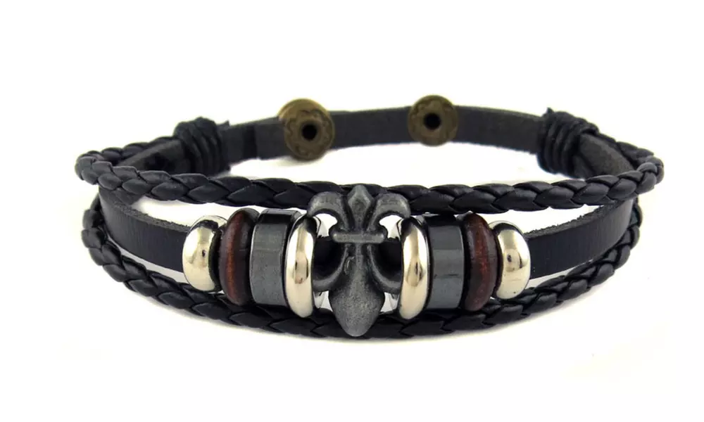 Mens Genuine Leather Fleur De Lis Bracelet