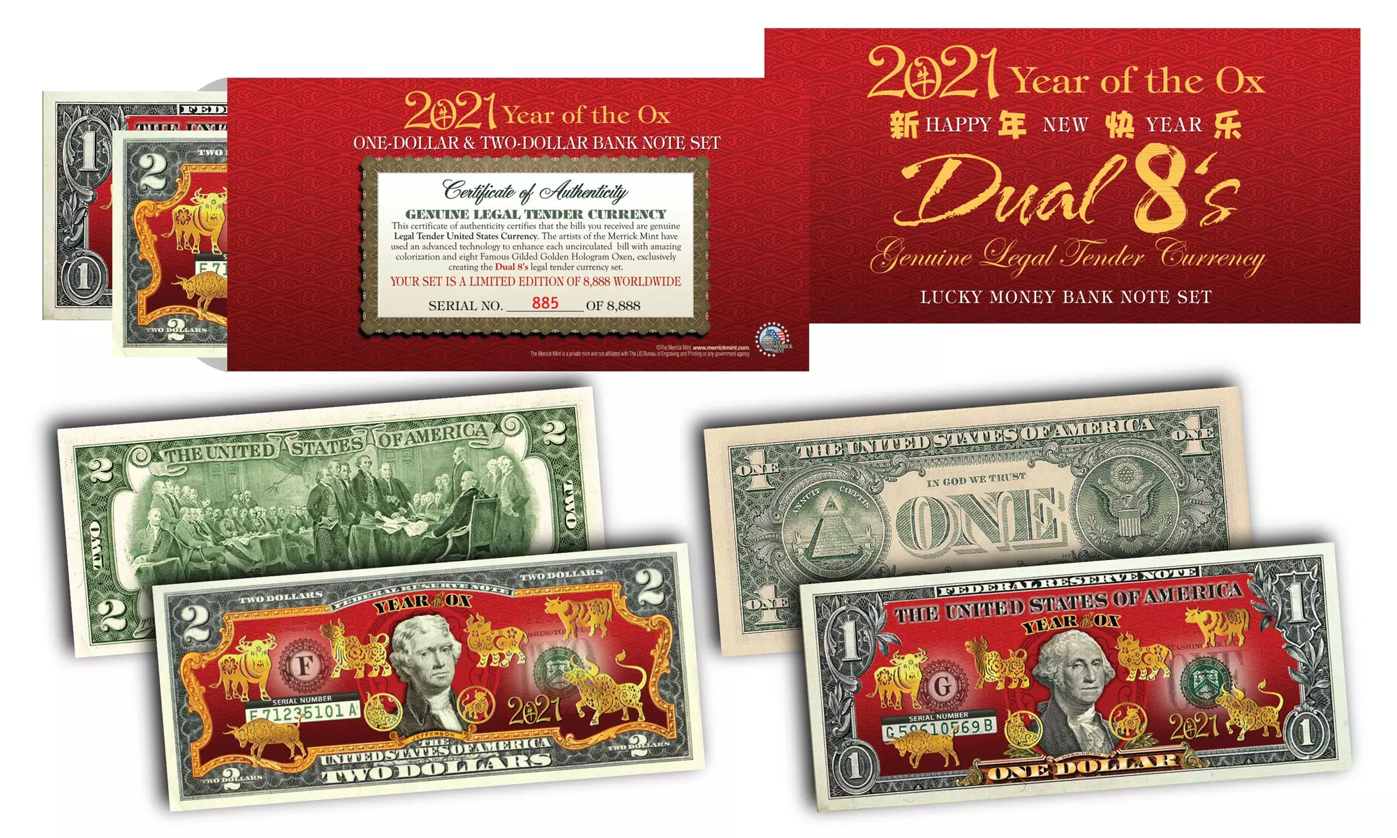 2021 Chinese New YEAR OF THE OX Lucky DUAL 8's GOLD OXEN Currency Bill Set - Second Medium