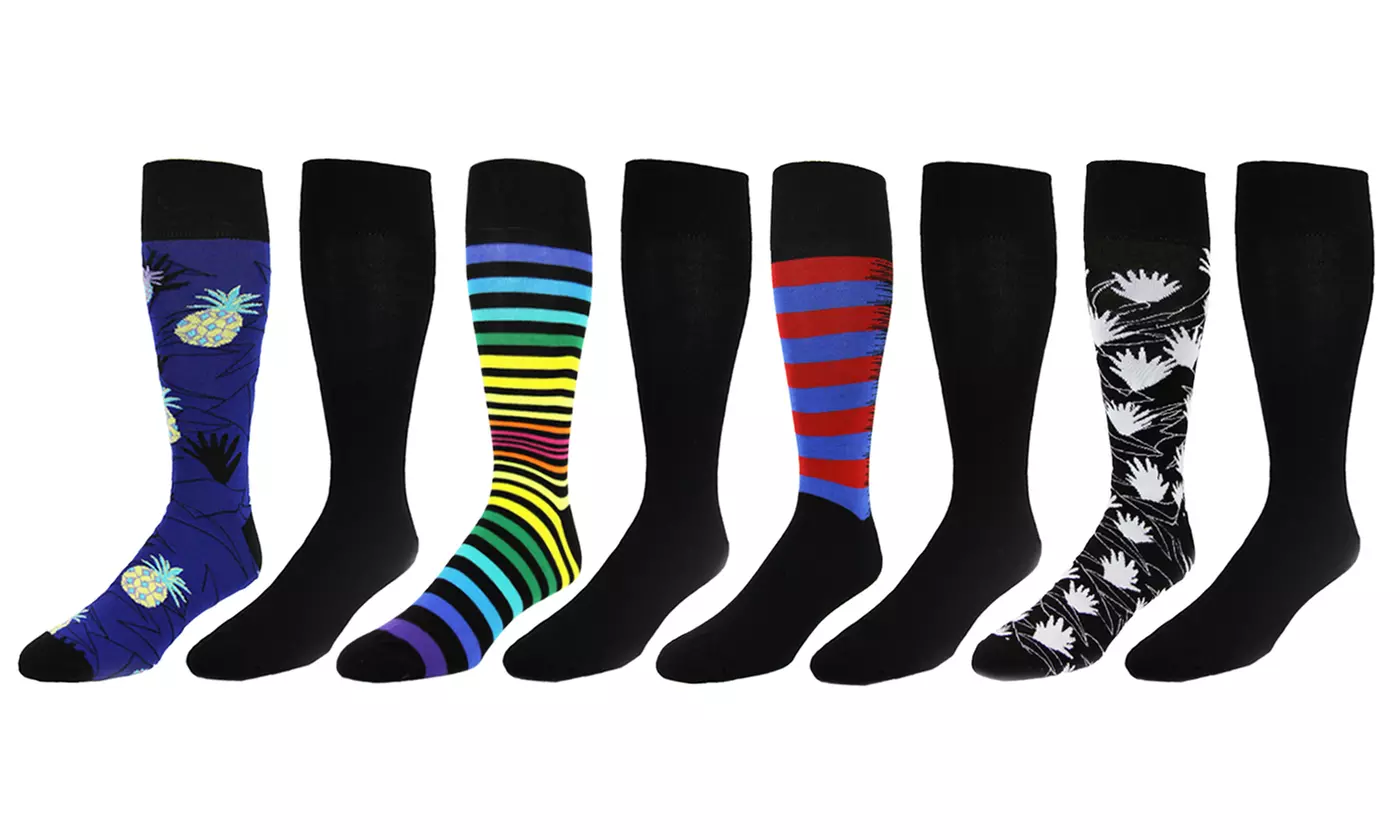 8 Pairs Men's Funky and Solid Black Cotton Blend Dress Socks - Primary Image