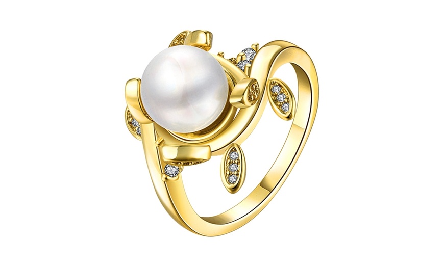 Image 1: Gold Plated Curved Pav'e Freshwater Pearl Ring 