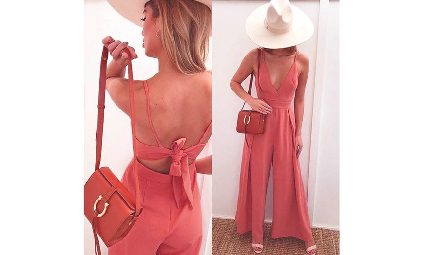 Image 3: Women's Jumpsuits Rompers Deep V Neck Strappy Backless Bow Knot Loose Jumpsuits