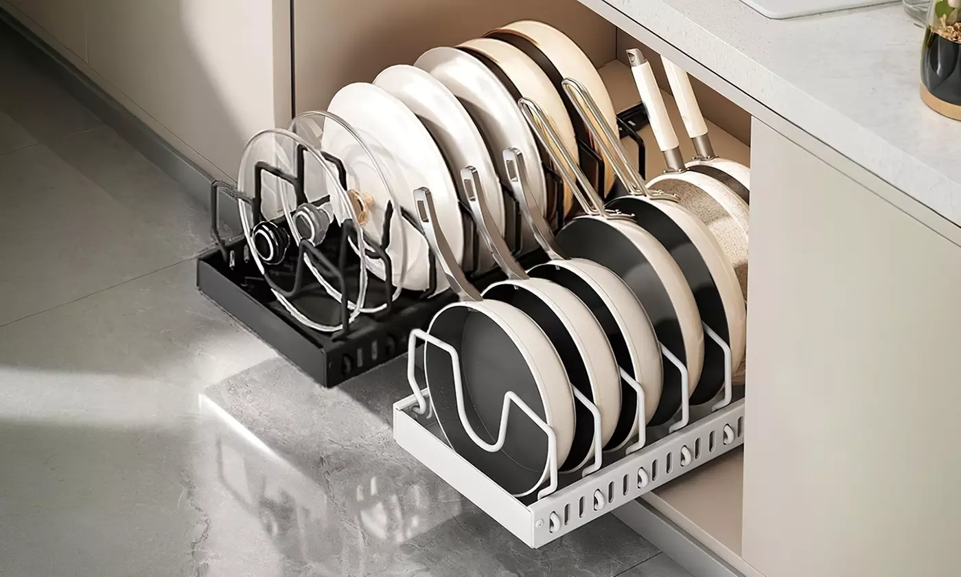 NewHome Pull-Out Pots & Pans Organizer with 8 Adjustable Dividers for Cabinets