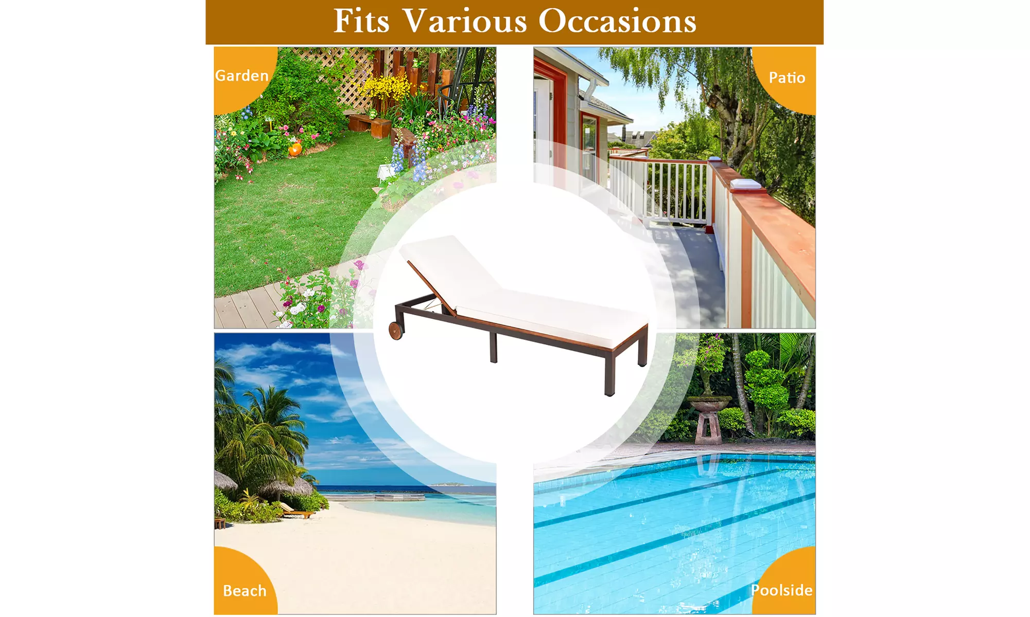 Patio Acacia Wood Lounge Chair Chaise Recliner Adjustable Backrest Cushion Wheel