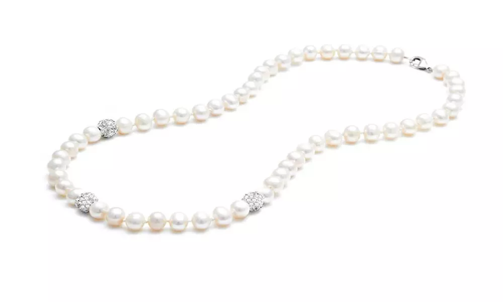 Genuine Freshwater Pearl Crystal Ball Necklace Made With Crystals From Swarovski - Primary Image