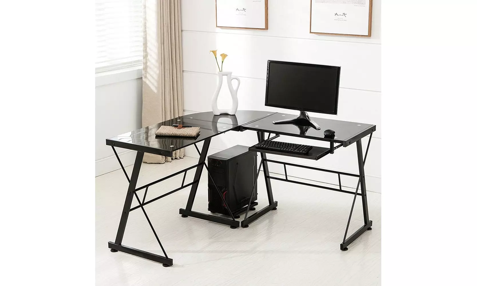 L-Shaped Computer Desk Glass Top Corner Desk Writing Table Workstation Black - Second Medium