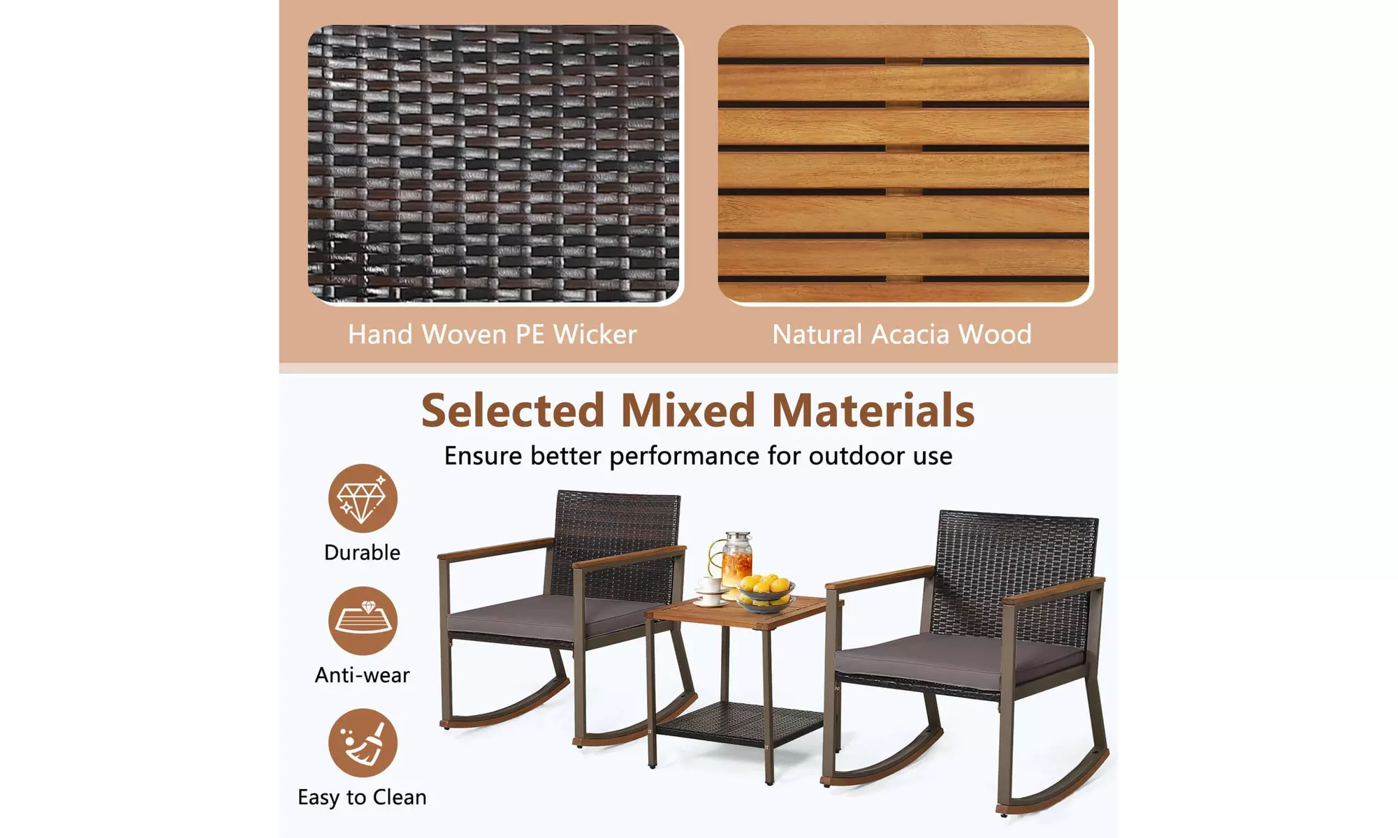 Costway 3 PCS Patio Rattan Rocking Chair Bistro Set Armrest Cushion Table