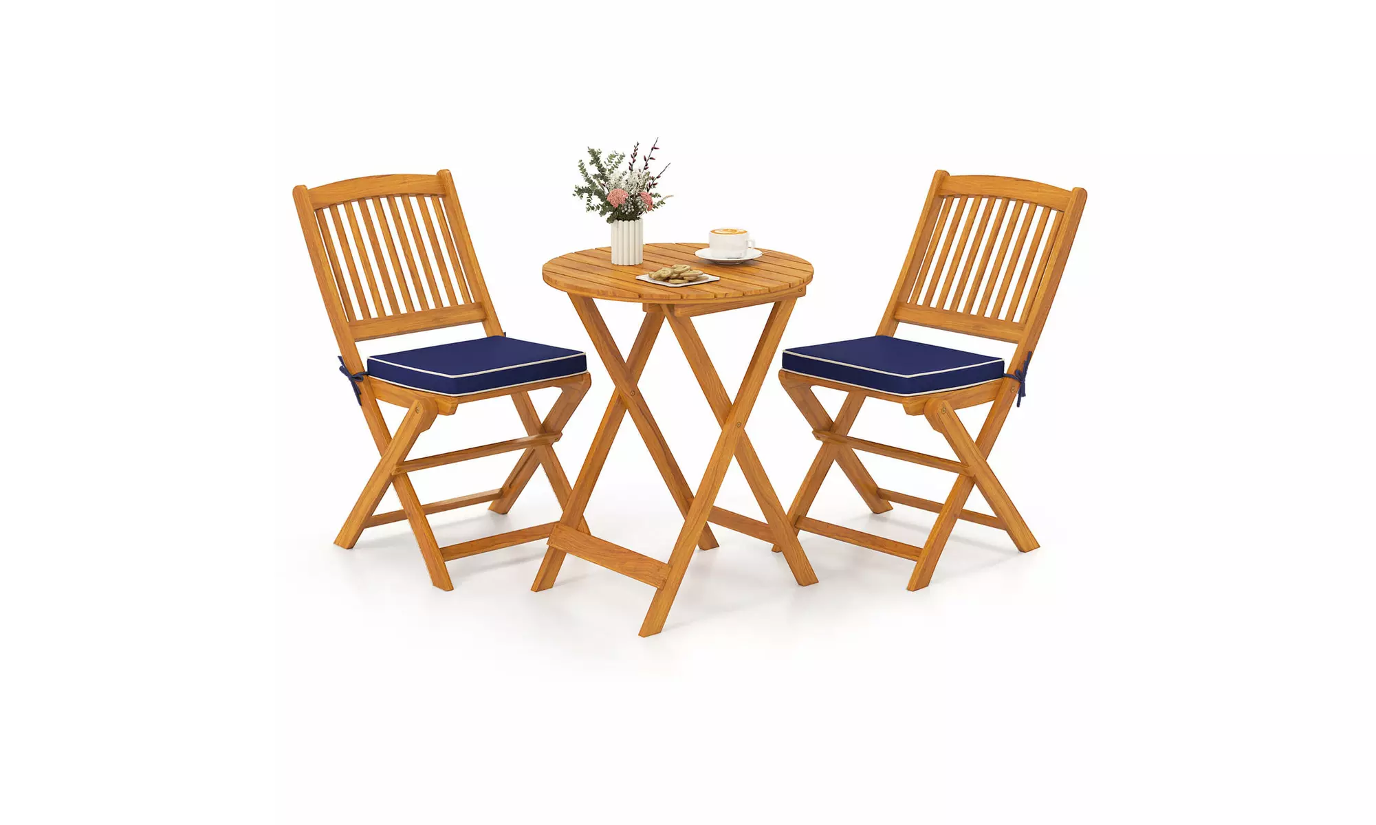 Costway Outdoor Folding Chairs Acacia Wood High-Back Chair with Seat Cushions