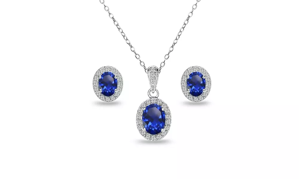 Blue Sapphire & White Topaz Oval Halo Necklace & Earrings Set in Sterling Silver - Primary Image