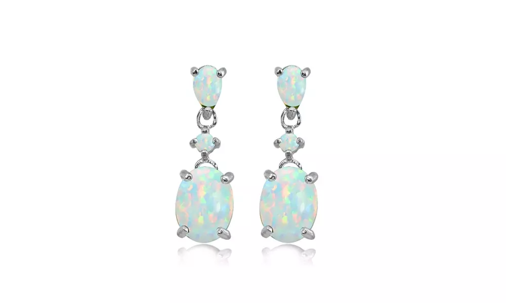 Synthetic White Opal Oval Three Stone Dangling Earrings in 925 Sterling Silver - Primary Image