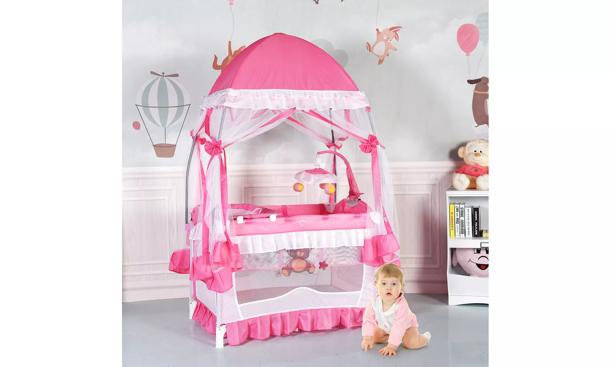 Portable Baby Playpen Crib-Pink,Baby Cradle,Bassinet,w/ Changing Pad,Net - Primary Image