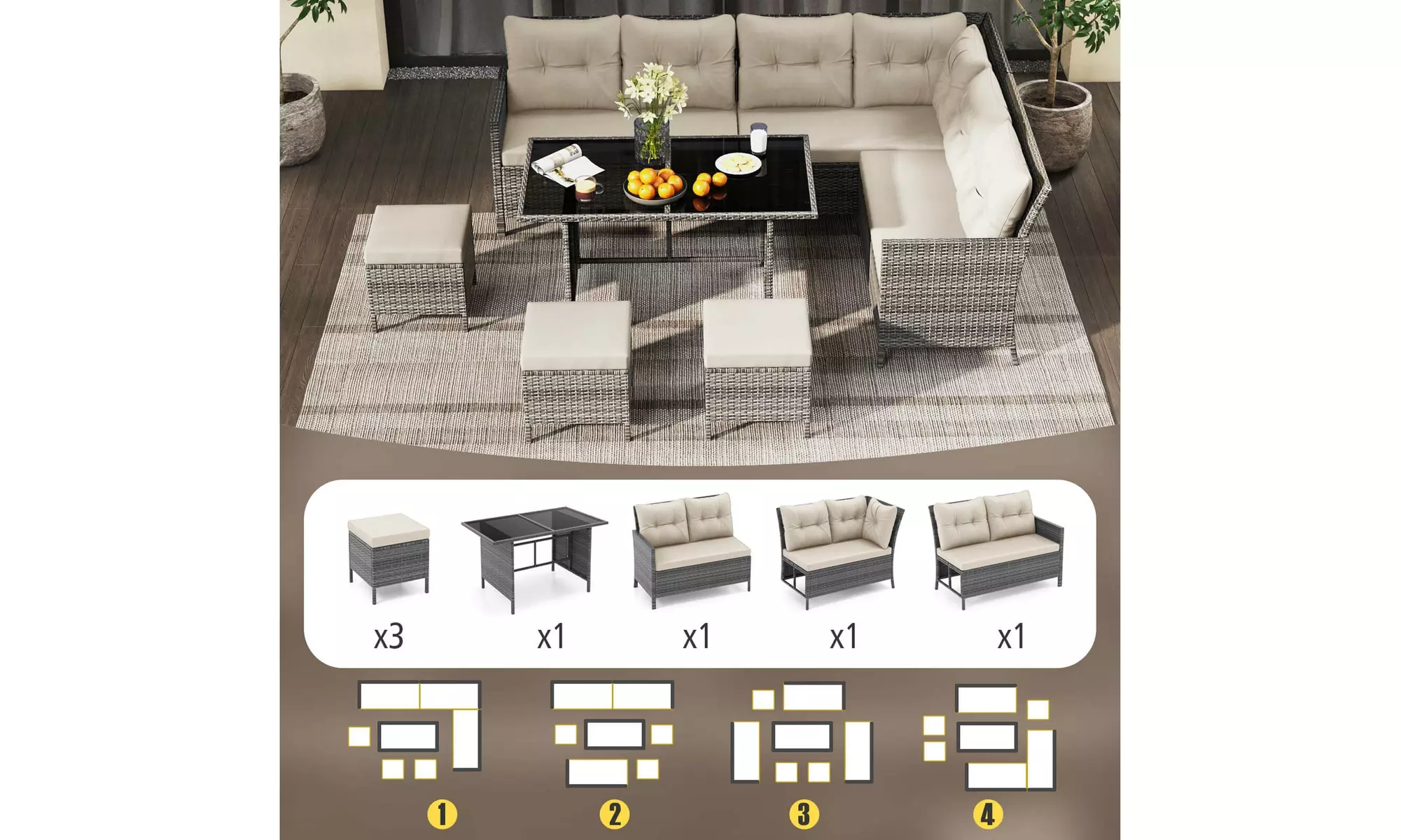 Costway 7-Piece PE Rattan Patio Dining and Sectional Sofa Set