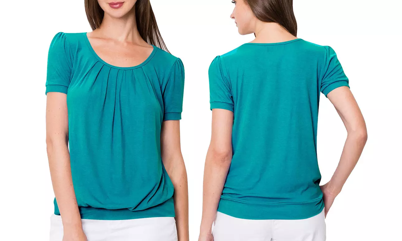 Made by Johnny Women's Scoop Neck Short Sleeve Front Pleated Blouse