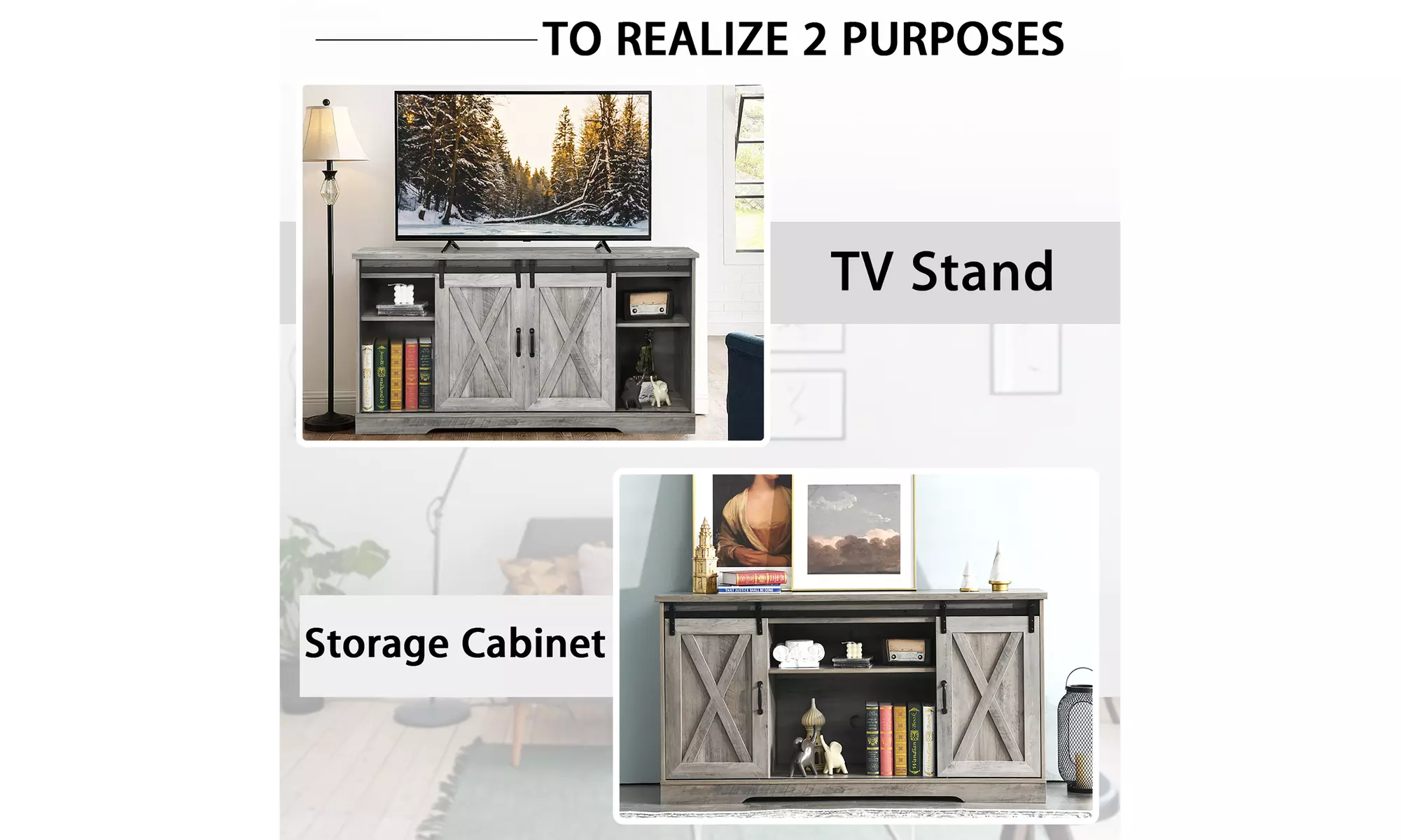 Costway 59'' Farmhouse TV Stand Sliding Barn Door Cabinet w/ Adjustable Shelf