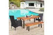 5 -Piece Acacia Wood Dining Set w/2 Wicker Chair 2 Bench Umbrella Hole - Second Medium