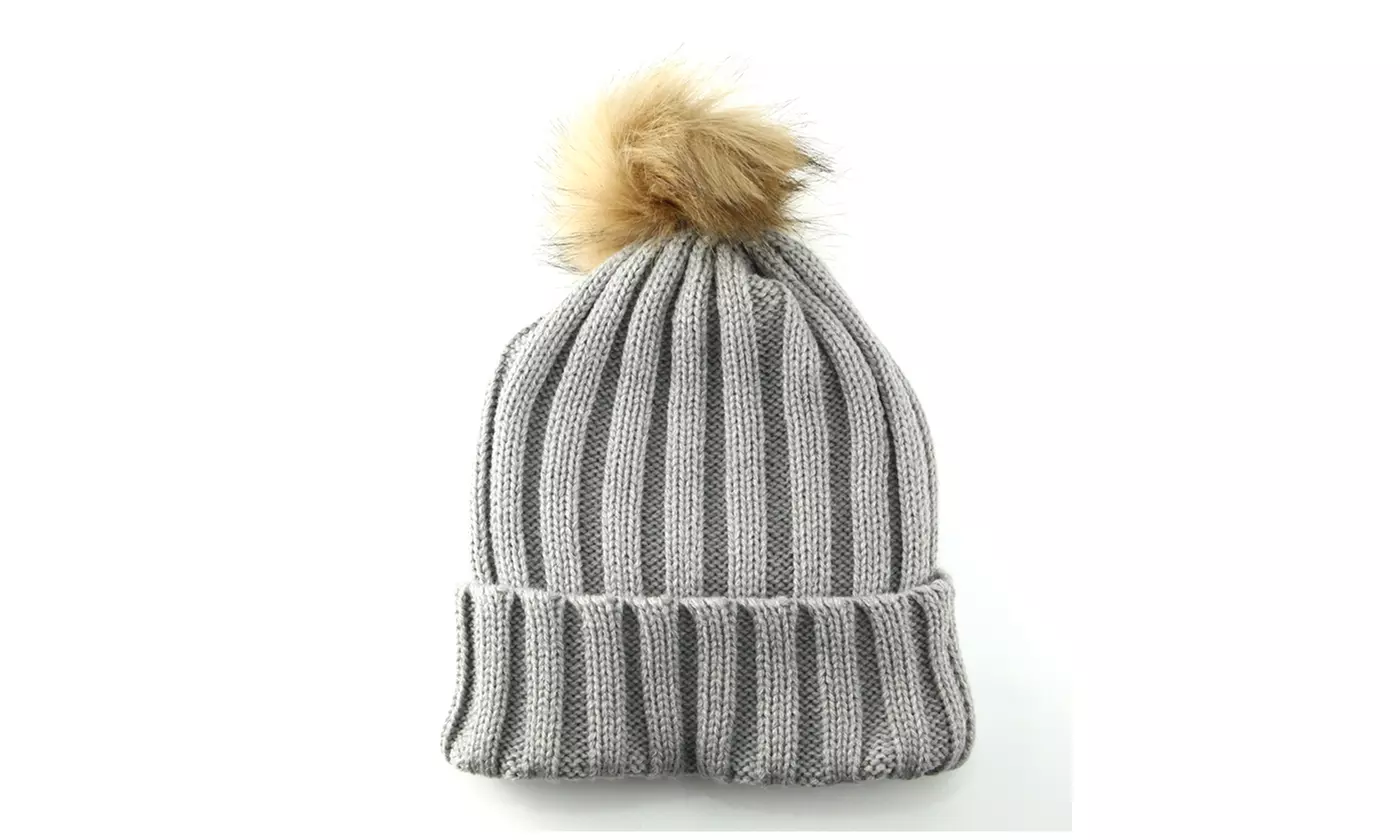 Warm Winter Kids Knitted Skull Cap Faux Fur Pom Beanie