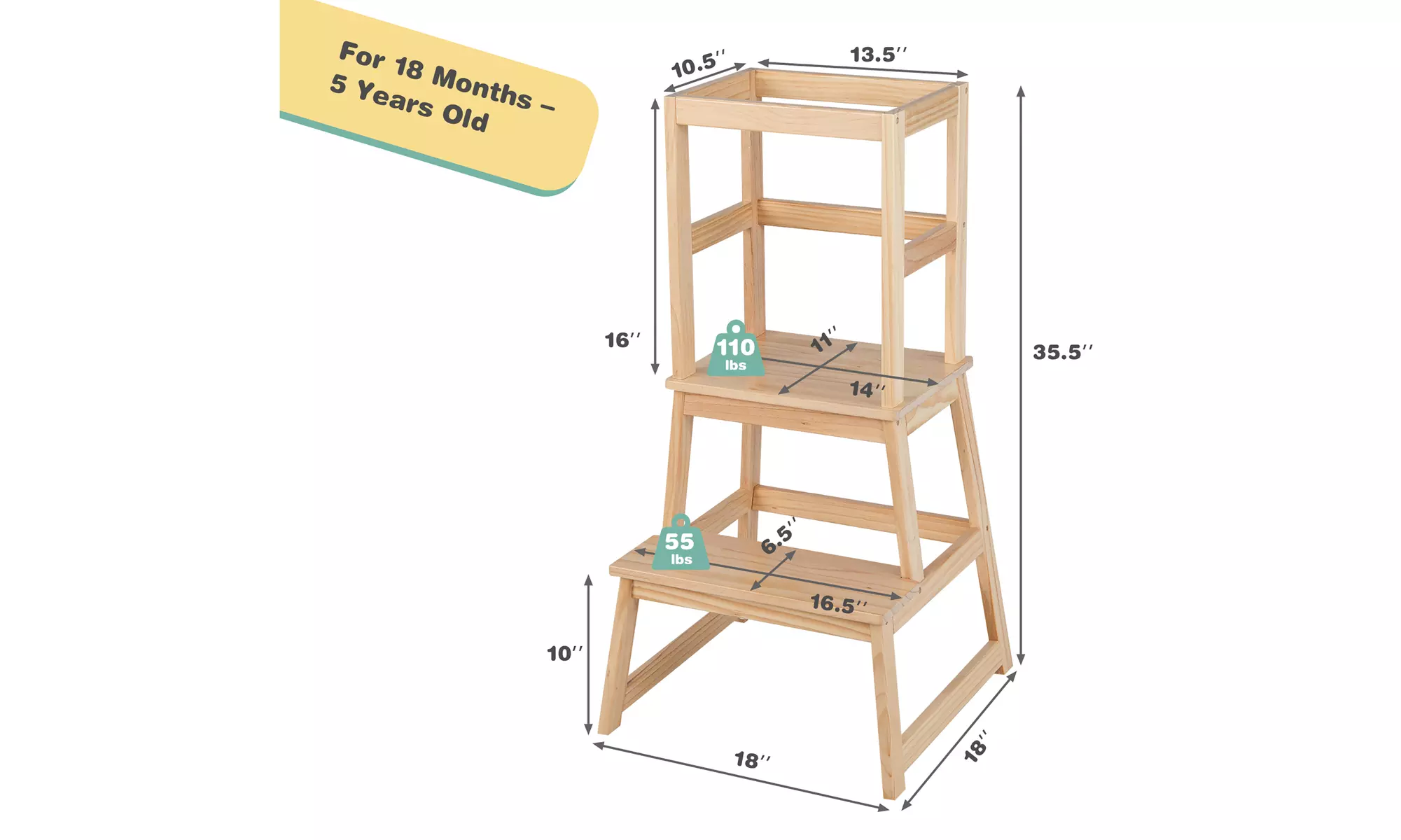 Costway Kids Kitchen Step Stool Kids Standing Tower with Safety Rails
