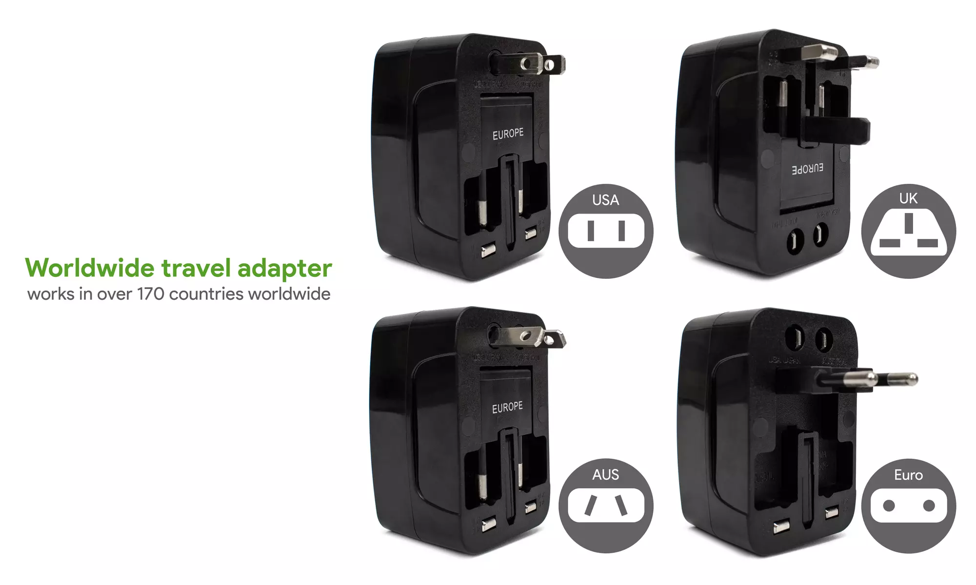 Miami CarryOn International Travel Adapter with Two USB Ports (1/2/3/4 Packs)