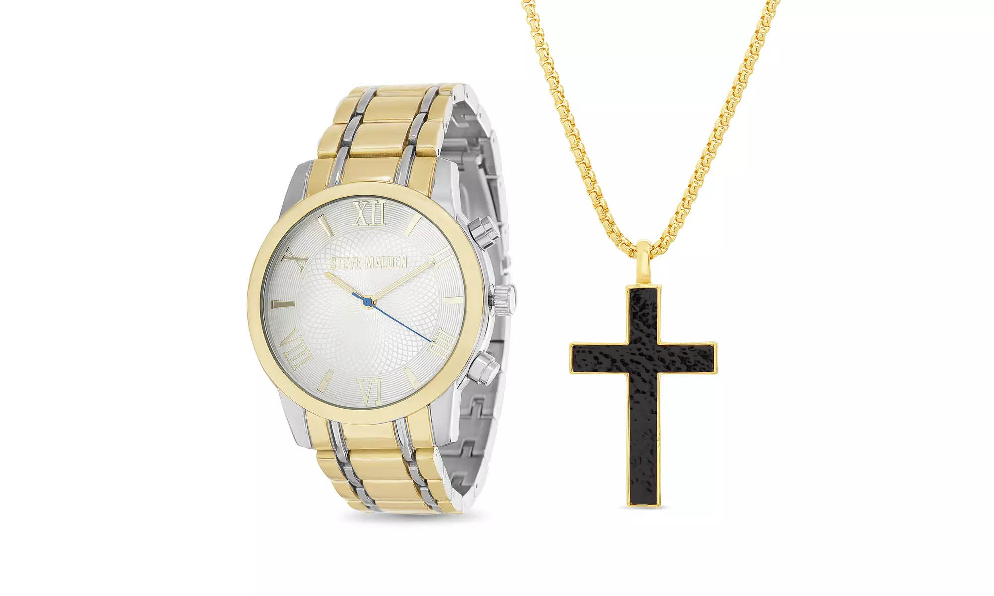 Steve Madden Men's 2-Tone Link Round Case Watch & Black Cross Necklace Set - Second Medium