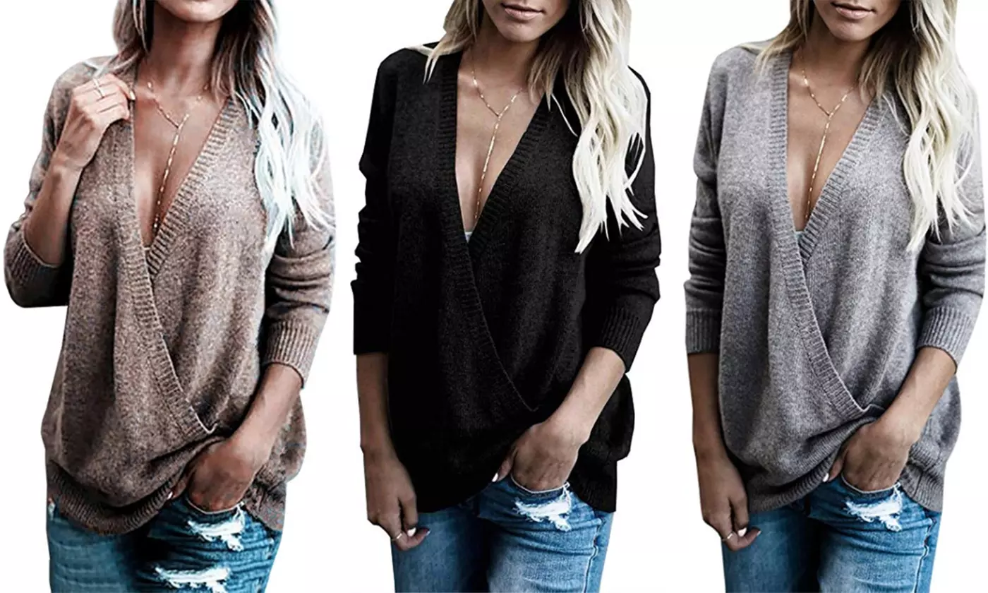 Women's Autumn V-neck Shirts Long Sleeve Tunic Stitching Loose Sweatshirts - Primary Image