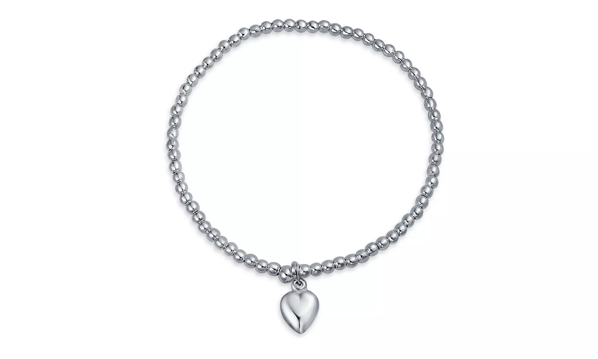 Heart Tag Charm 3MM Ball Bead Stretch Bracelet 925 Sterling Silver - Primary Image