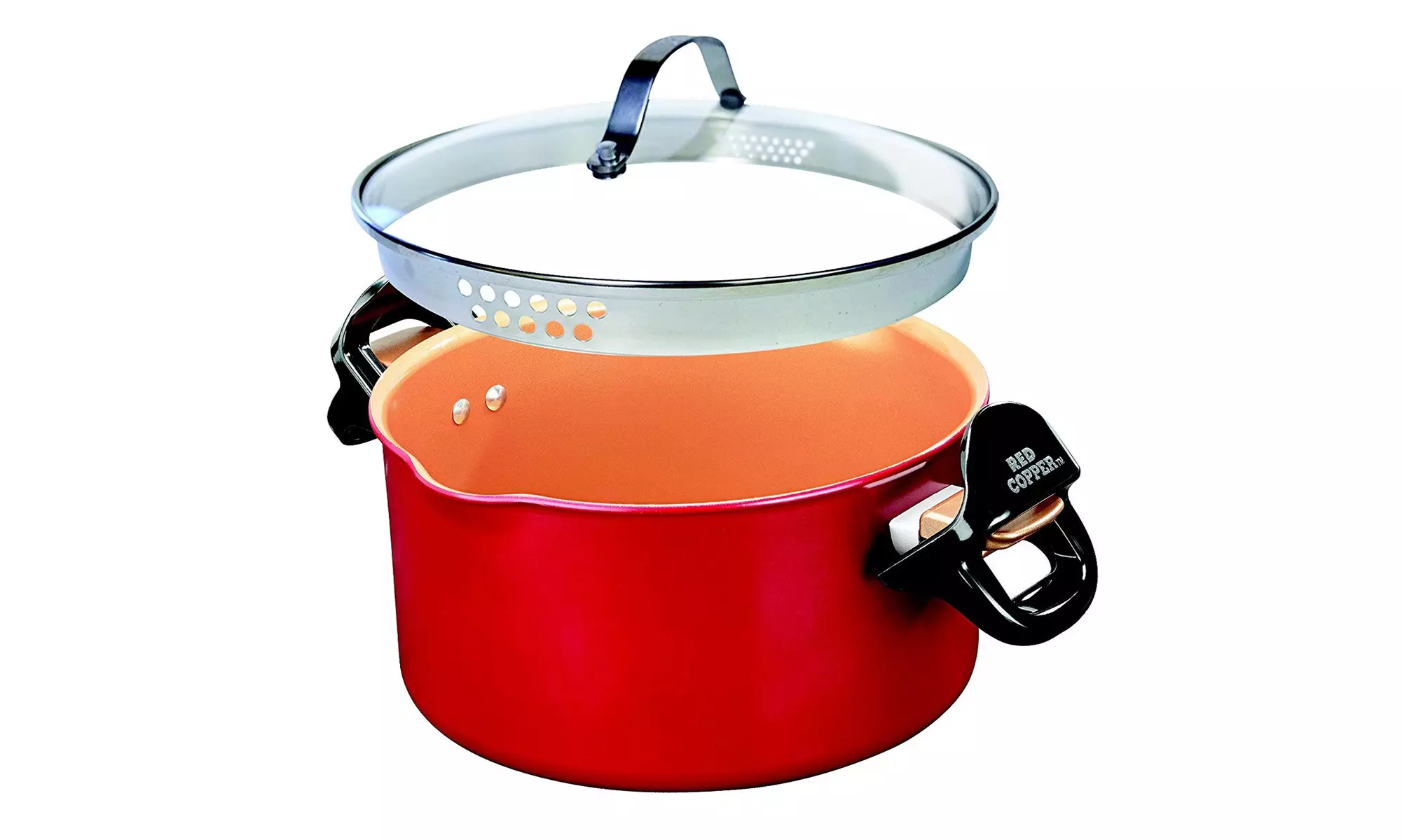 Red Copper Better Pasta Pot by BulbHead, Locking Handles and Straining Lid  - Primary Image