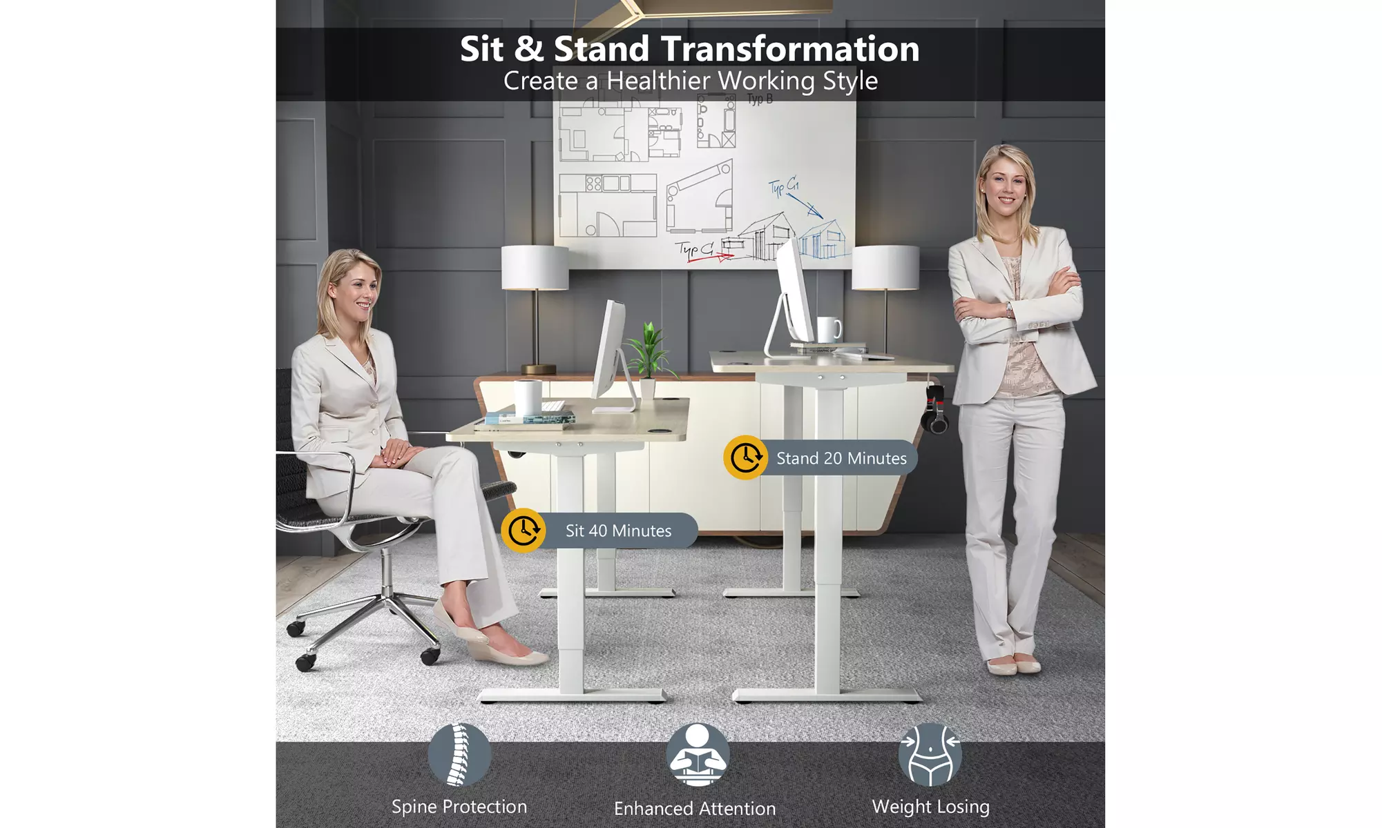 Costway 55'' x 28'' Electric Adjustable Standing up Desk Dual w/ Controller