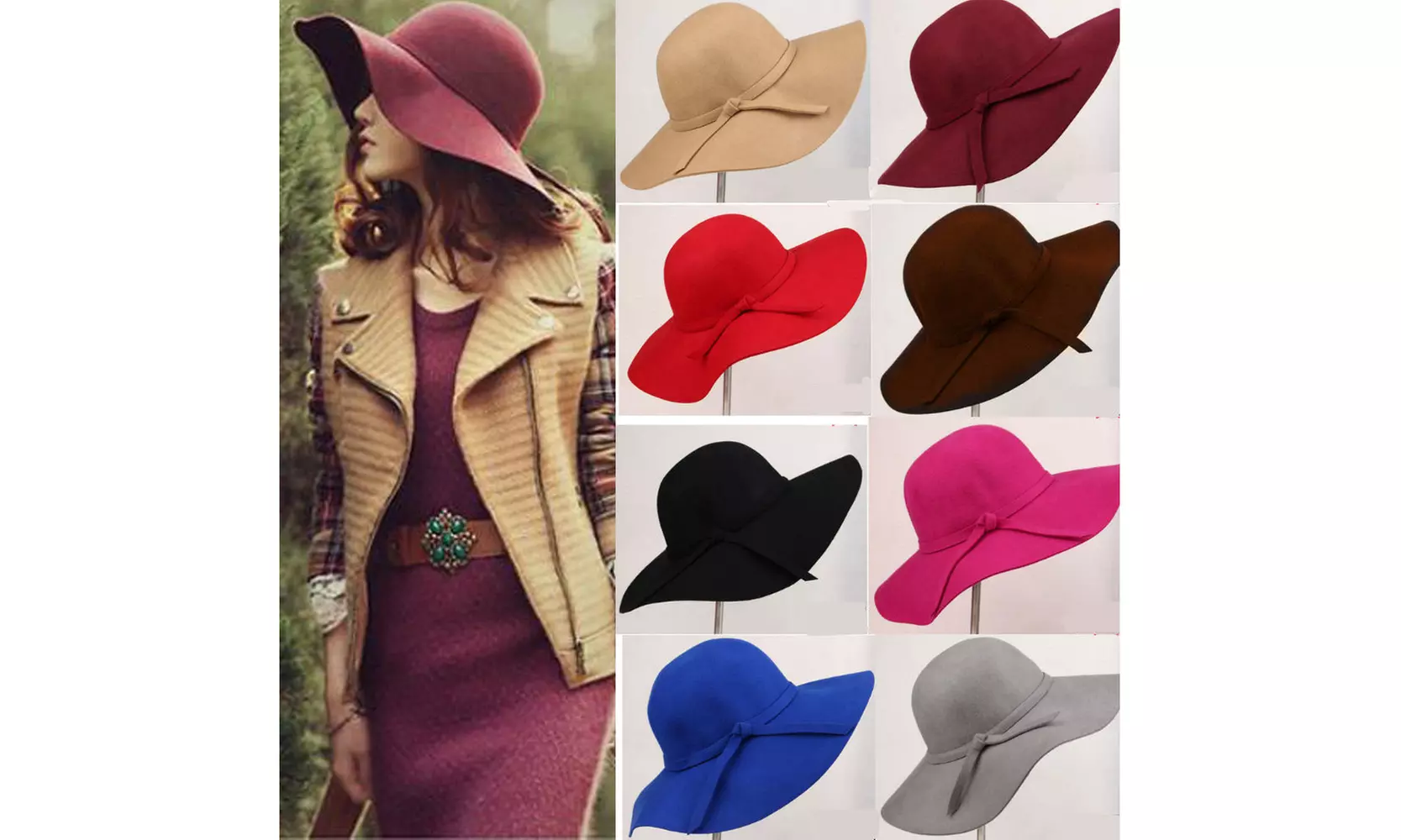 Magik Vintage Women Wide Brim Floppy Warm Wool-look/effect Hat Trilby Bowler Cap - Primary Image